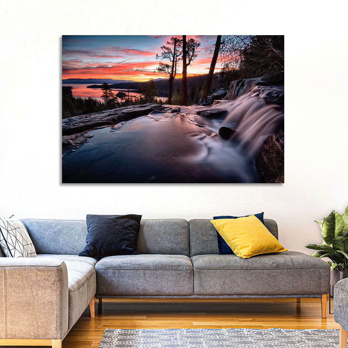 Waterfall Near Lake Tahoe Wall Art in a room, landscape