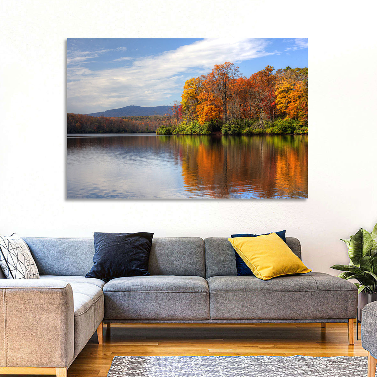 Autumn Lake with Mountain Reflection Wall Art in a room, landscape