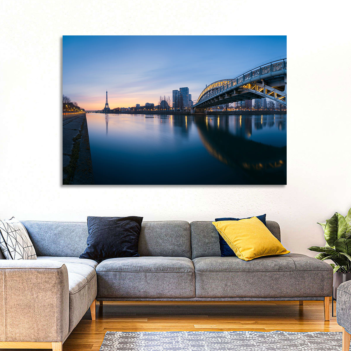 Eiffel Tower Golden Hour Reflection Wall Art in a room, landscape