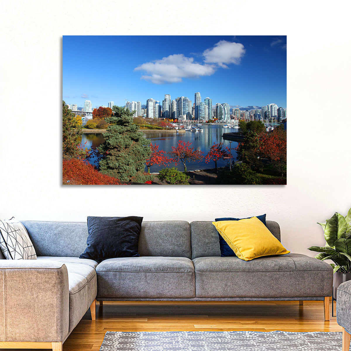 Vancouver Autumn Skyline Wall Art in a room, landscape