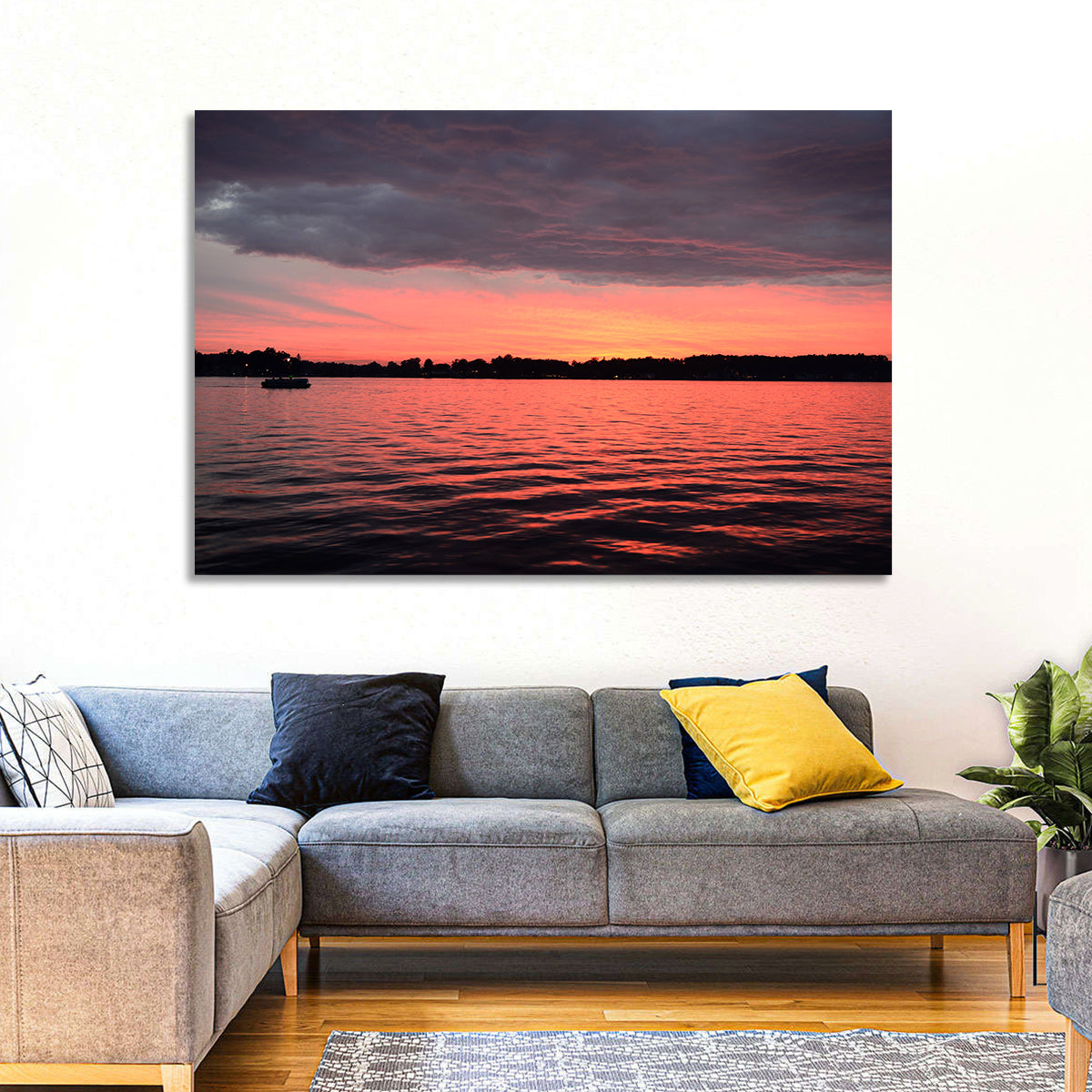 Lake James Sunset with Boat Wall Art in a room, landscape