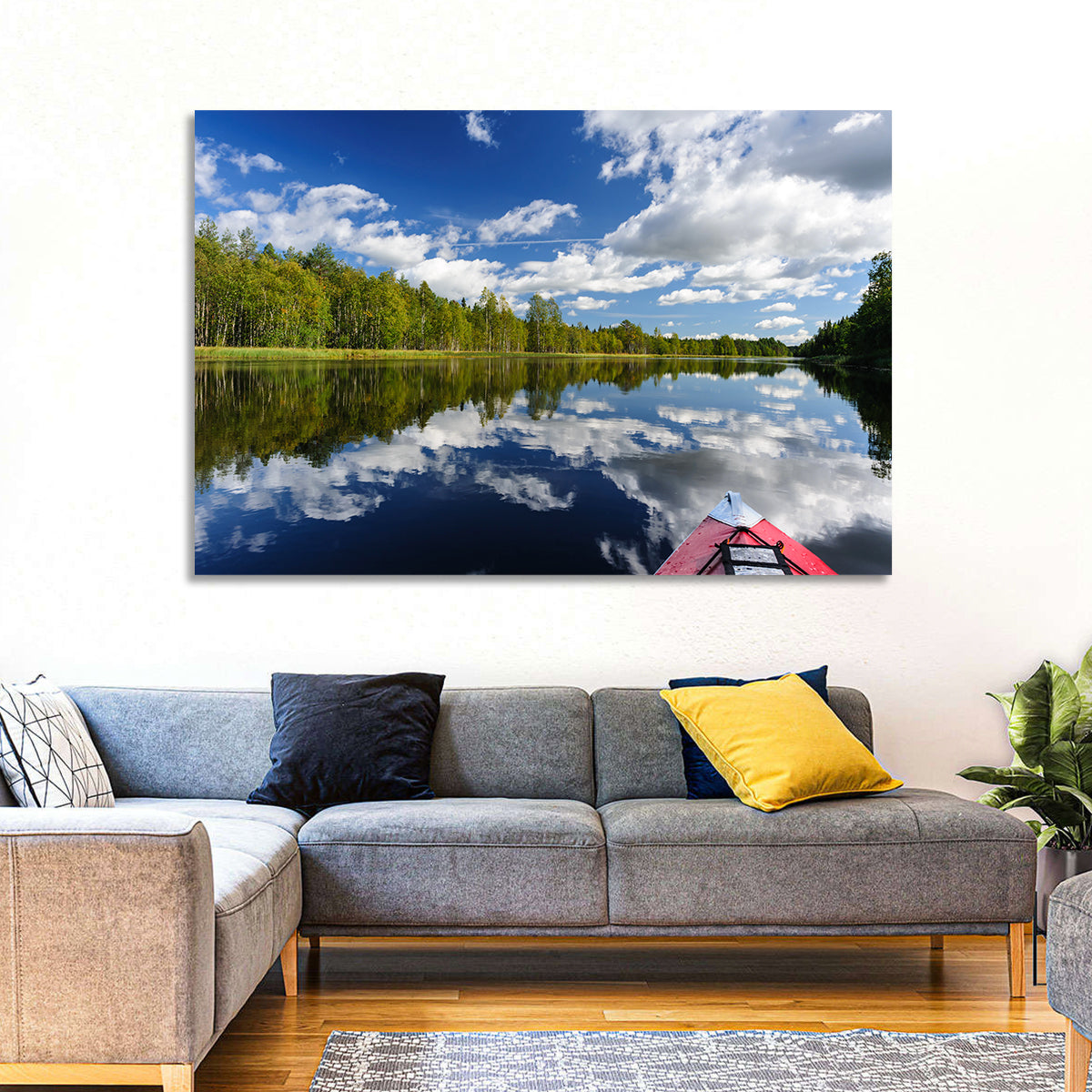 Karelia Kayak Reflection Wall Art in a room, landscape