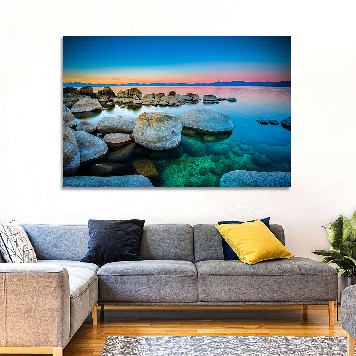Lake Tahoe Sunset Boulders Wall Art in a room, landscape