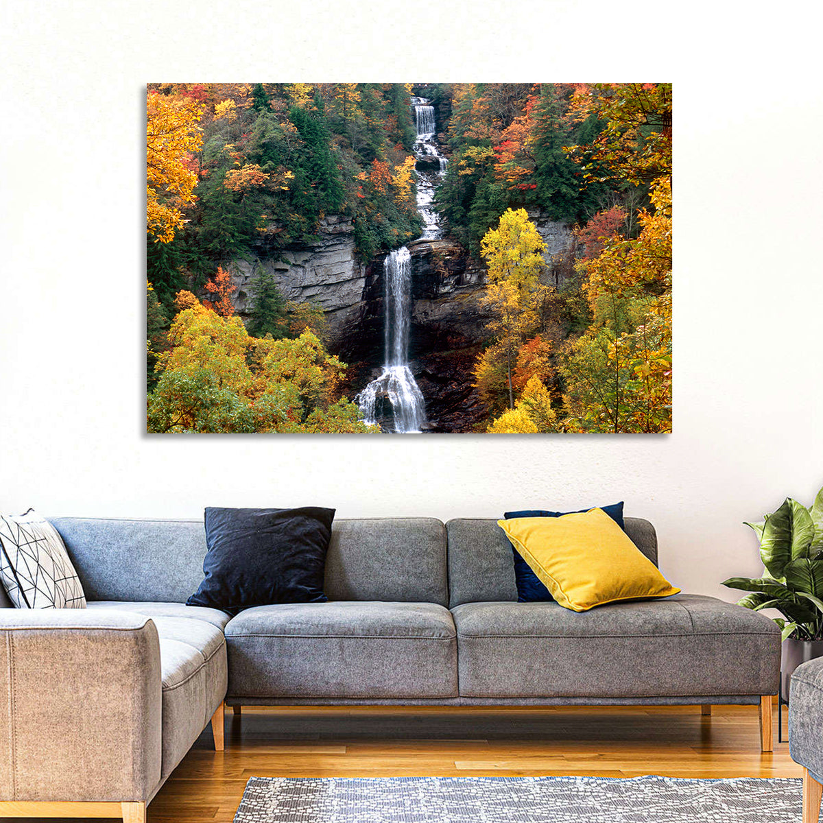 Raven Cliff Waterfall Wall Art in a room, landscape