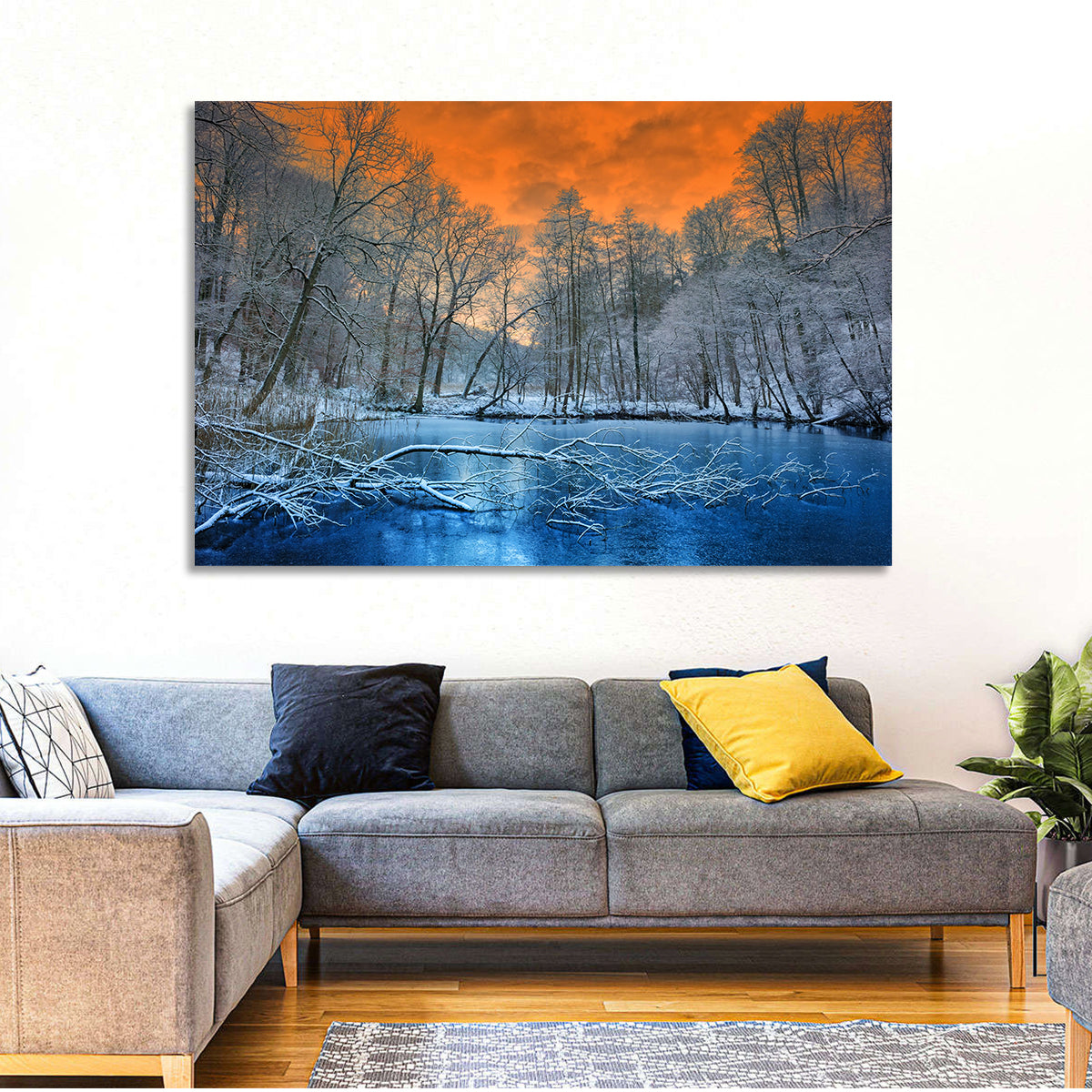 Sunset Over Winter Forest Lake Wall Art