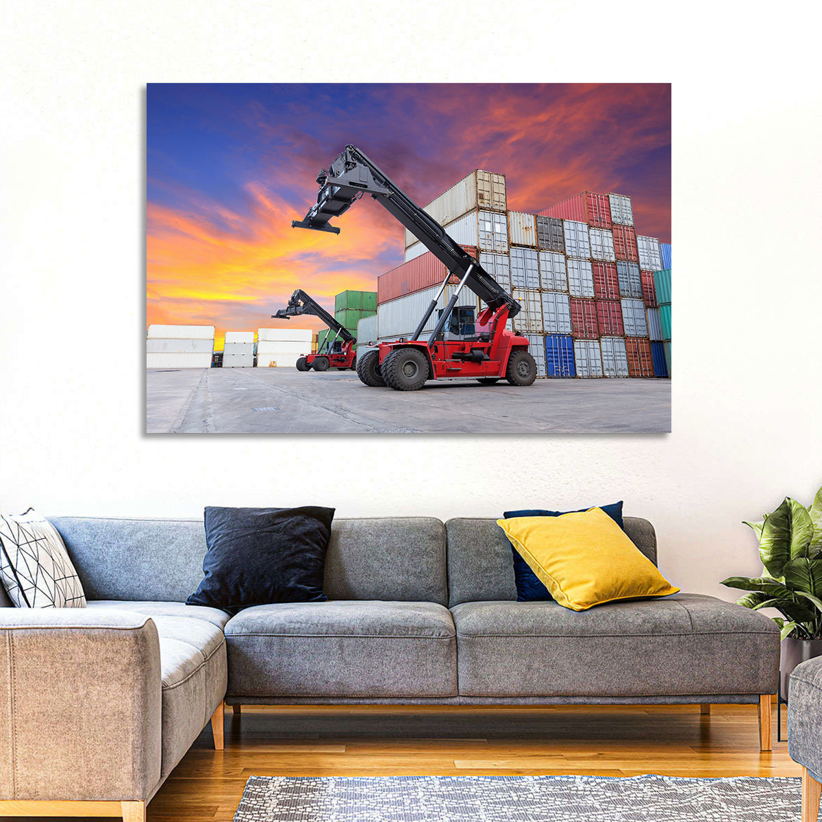 Red Reach Stackers at Sunset Wall Art
