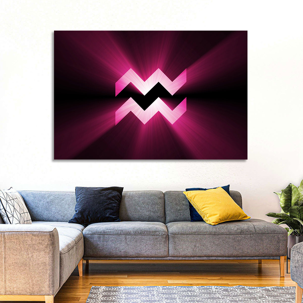 Magenta Aquarius Symbol Wall Art in a room, landscape
