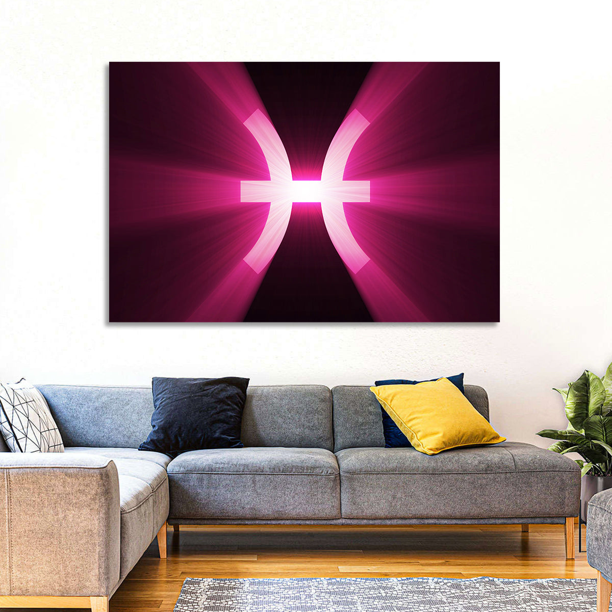 Magenta Pisces Symbol Wall Art in a room, landscape