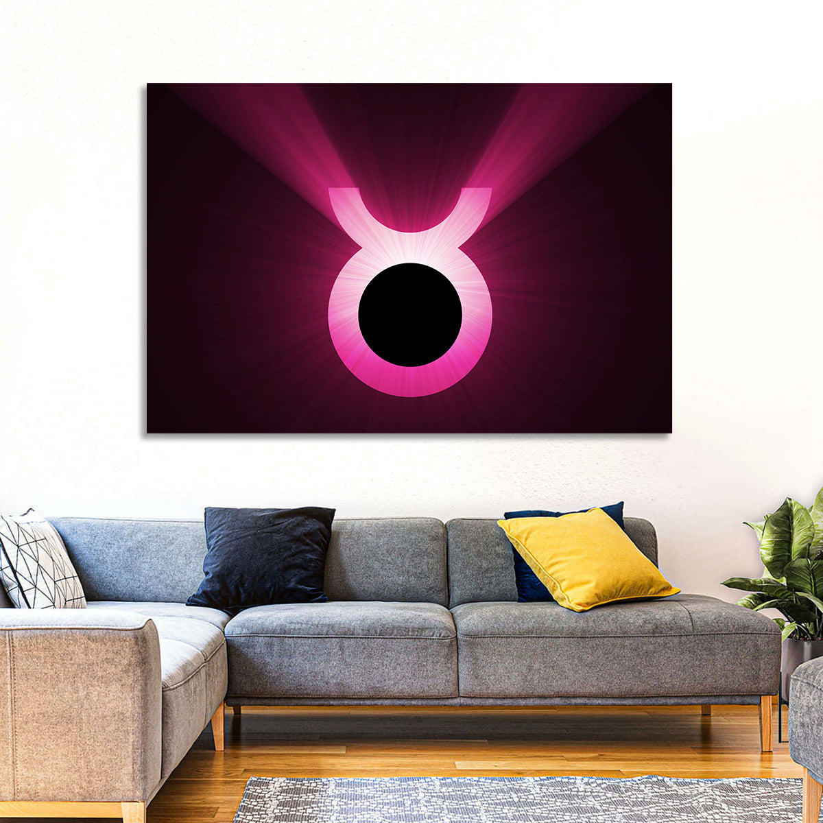 Glowing Pink Taurus Symbol Wall Art in a room, landscape