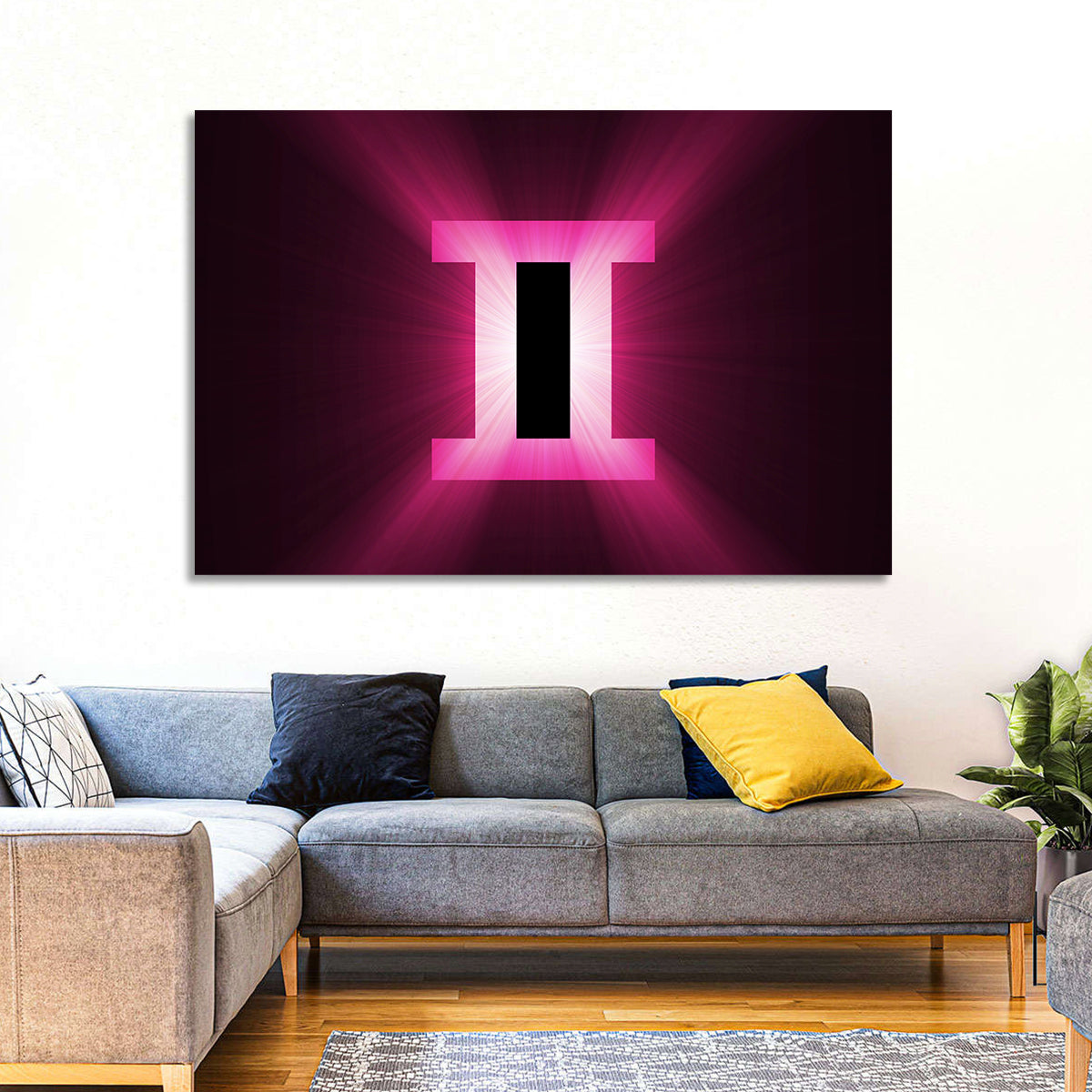 Radiant Gemini Symbol Wall Art in a room, landscape