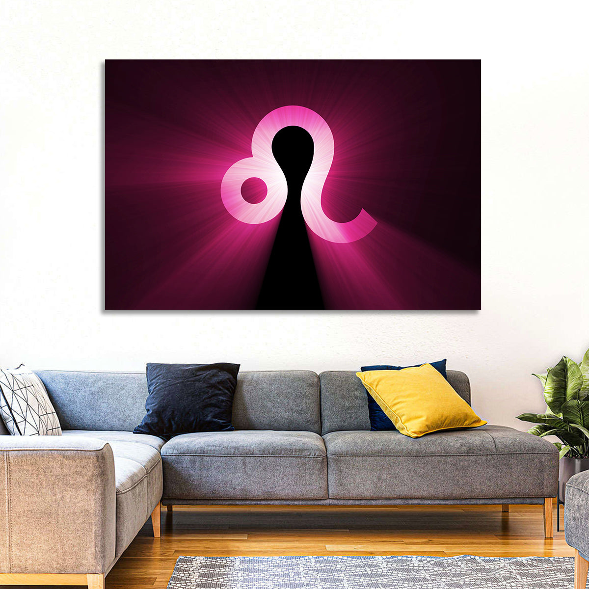 Glowing Magenta Leo Symbol Wall Art in a room, landscape