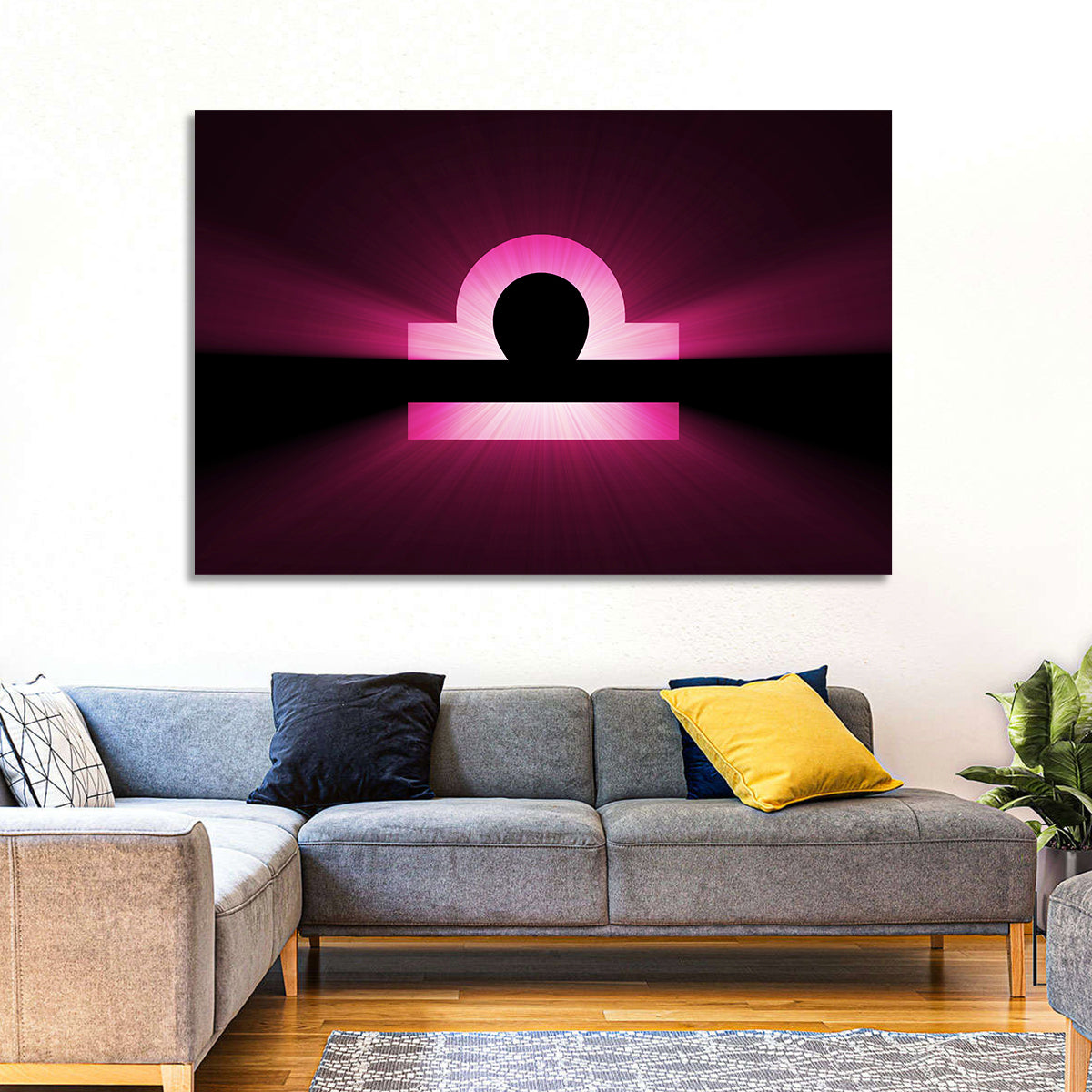 Libra Symbol Neon Glow Wall Art in a room, landscape