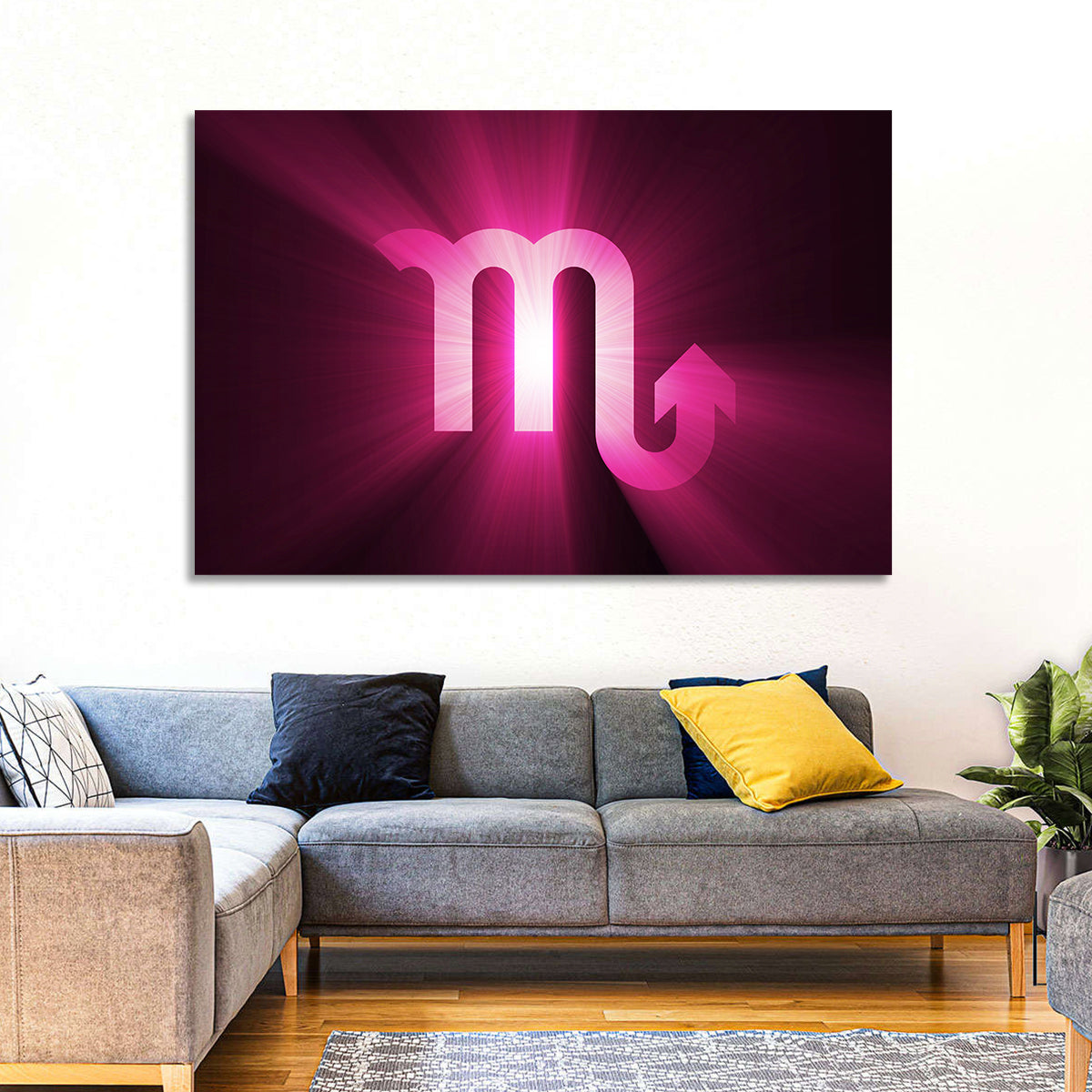 Scorpio Glyph with Magenta Burst Wall Art in a room, landscape