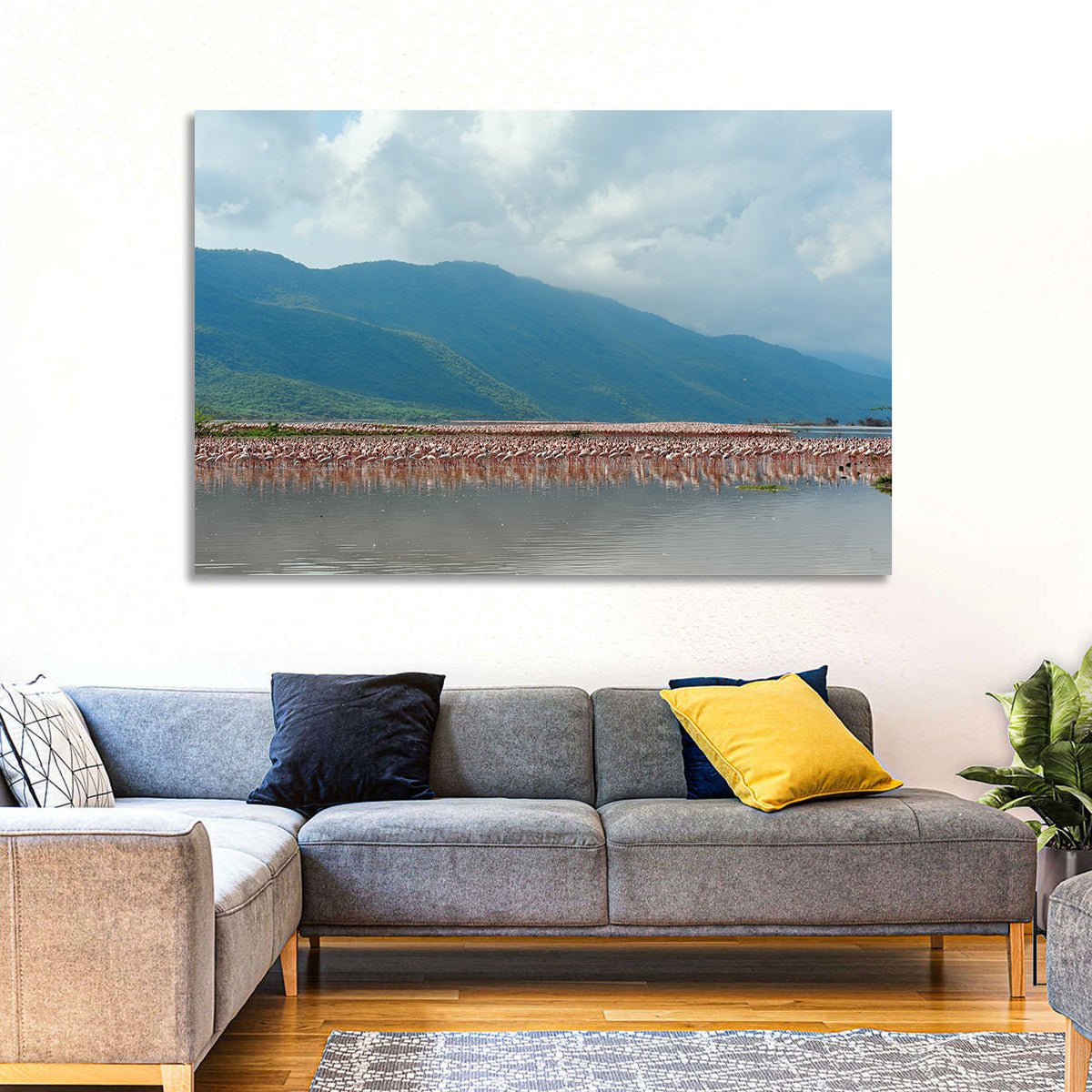 Flock of Flamingos at Lake Bogoria Wall Art in a room, landscape