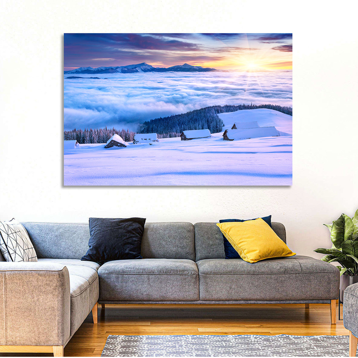 Snowy Cabins Above Clouds Wall Art in a room, landscape