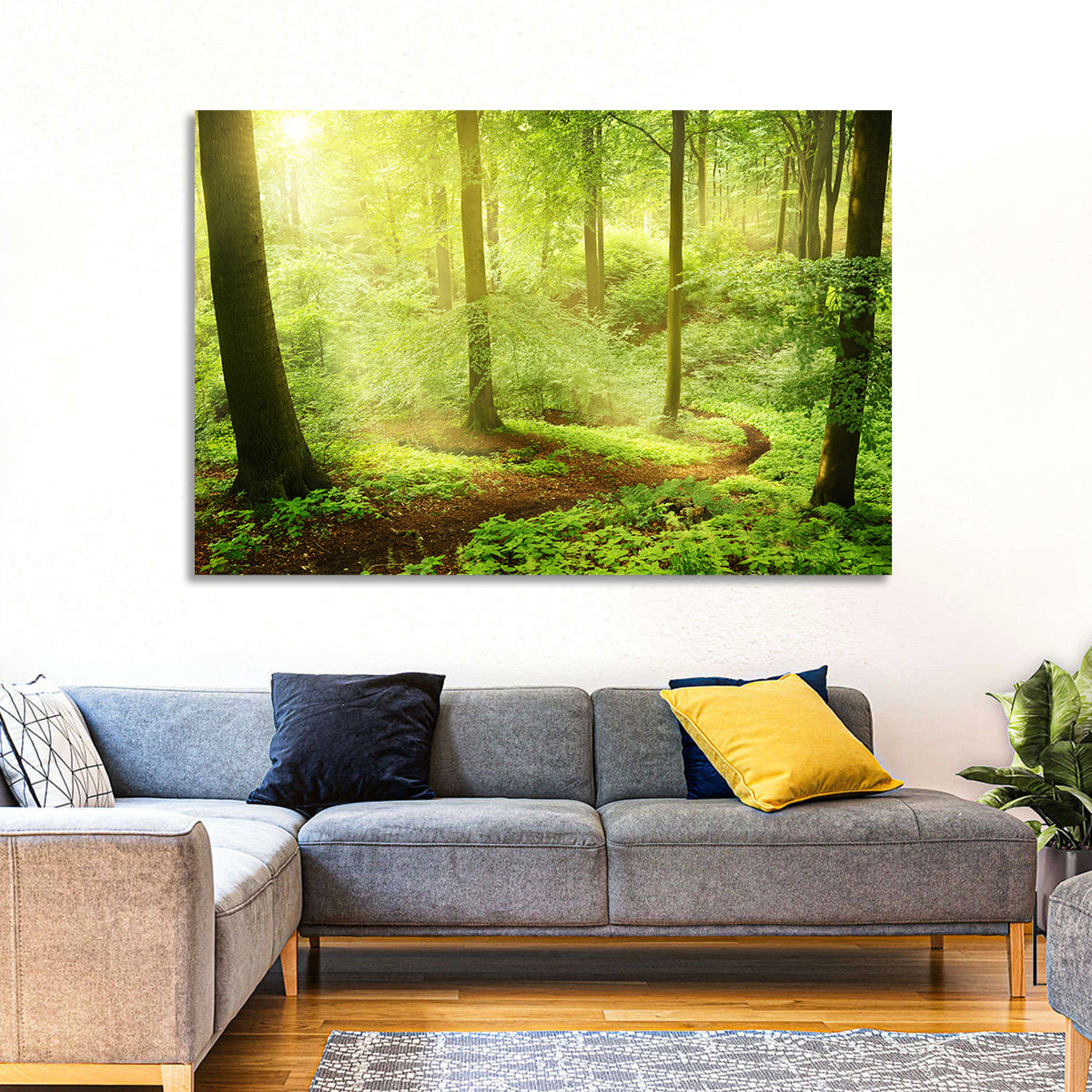 Sunlit Forest Path Wall Art in a room, landscape