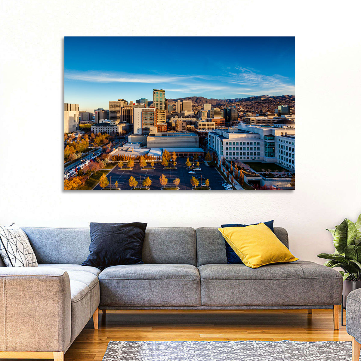 Salt Lake City Skyline at Golden Hour Wall Art in a room, landscape