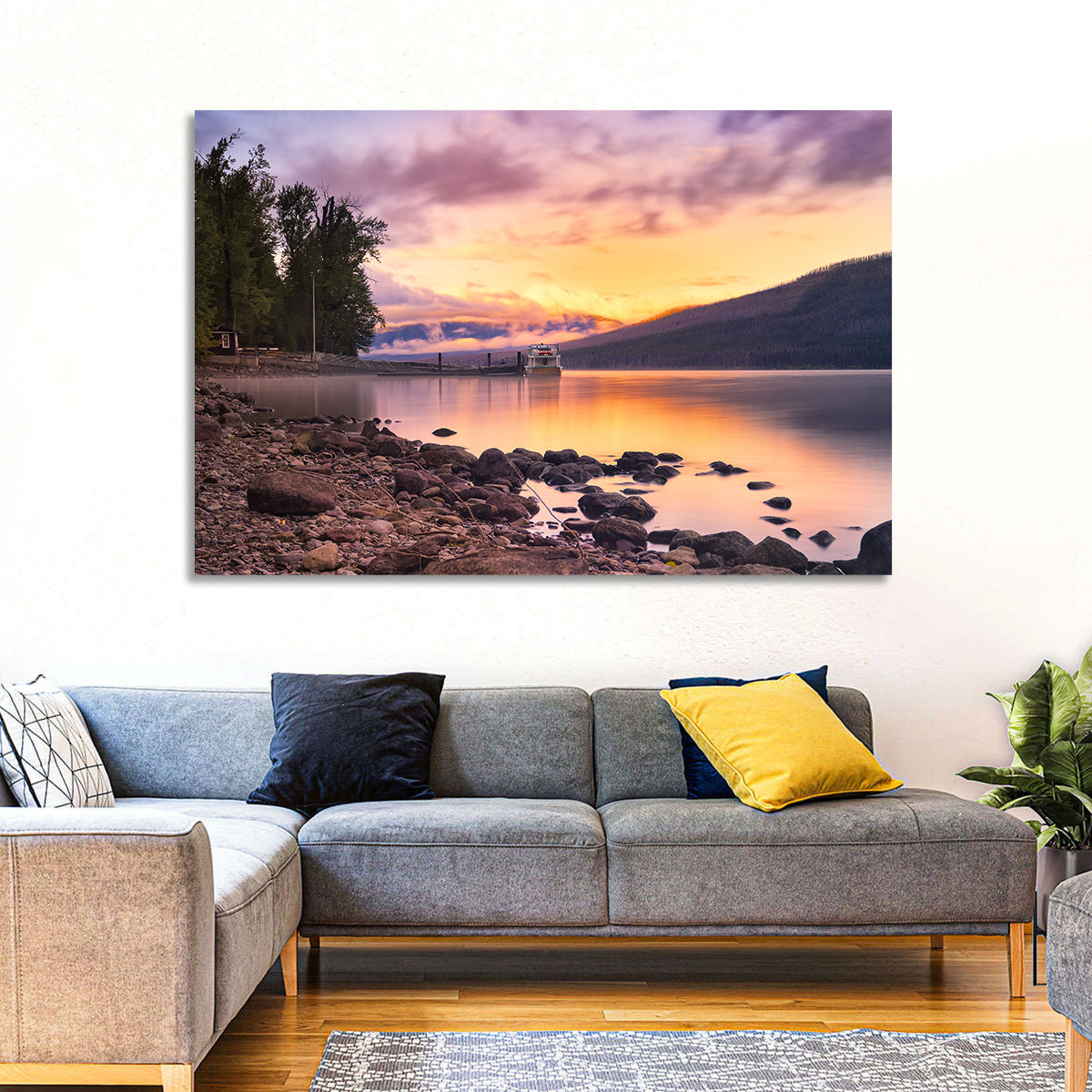 Lake Mcdonald Sunset Reflection Wall Art in a room, landscape