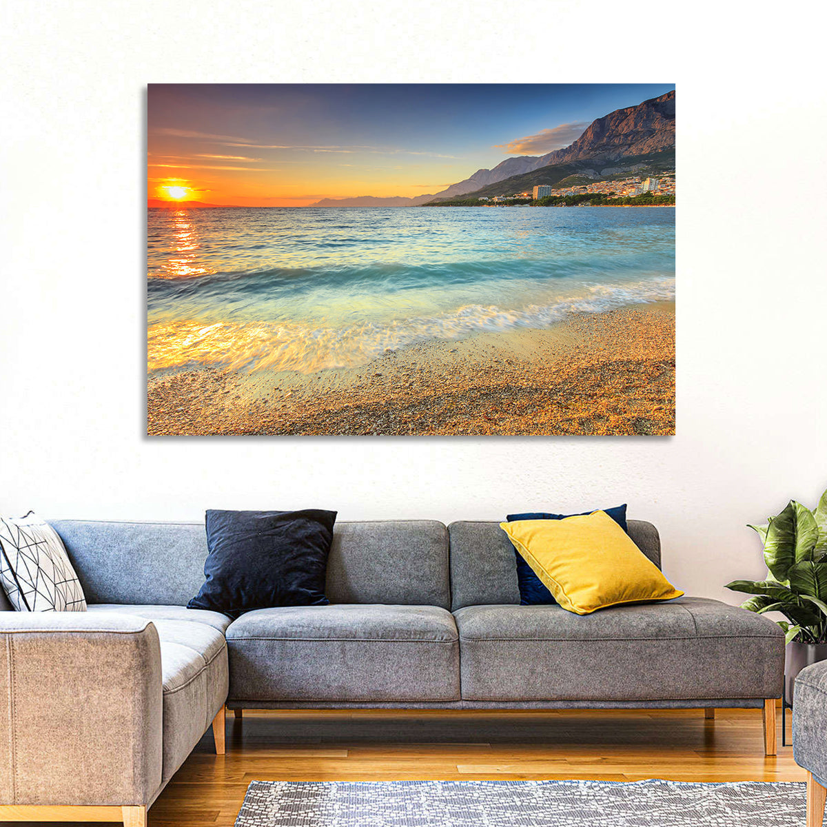 Makarska Pebble Beach Sunset Wall Art in a room, landscape