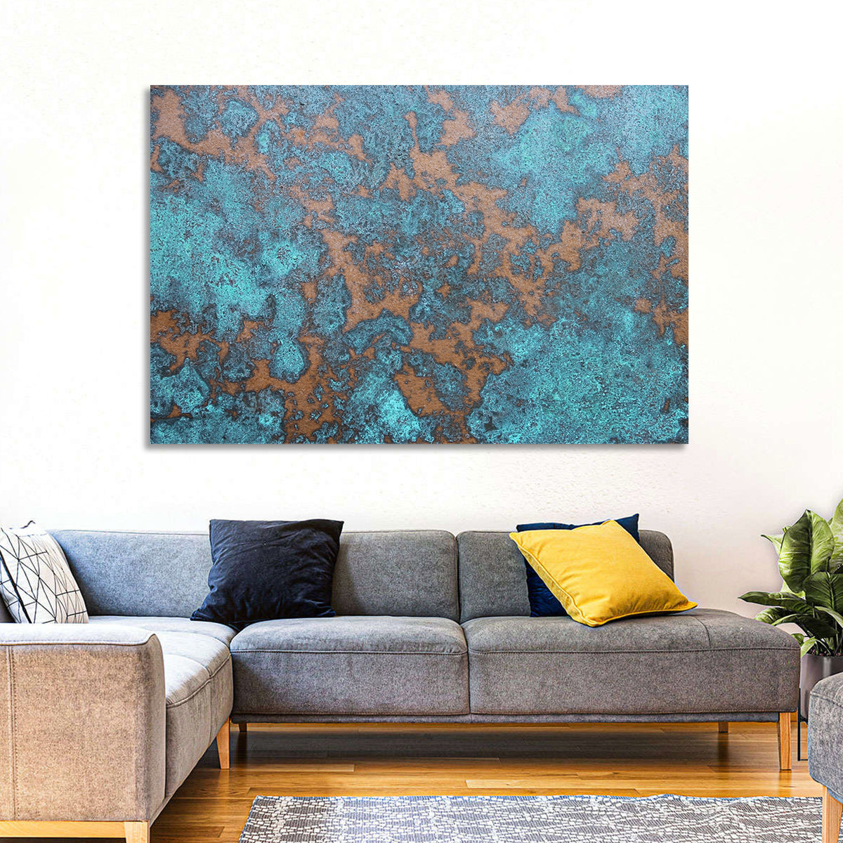 Oxidized Copper Patina Abstract Wall Art in a room, landscape