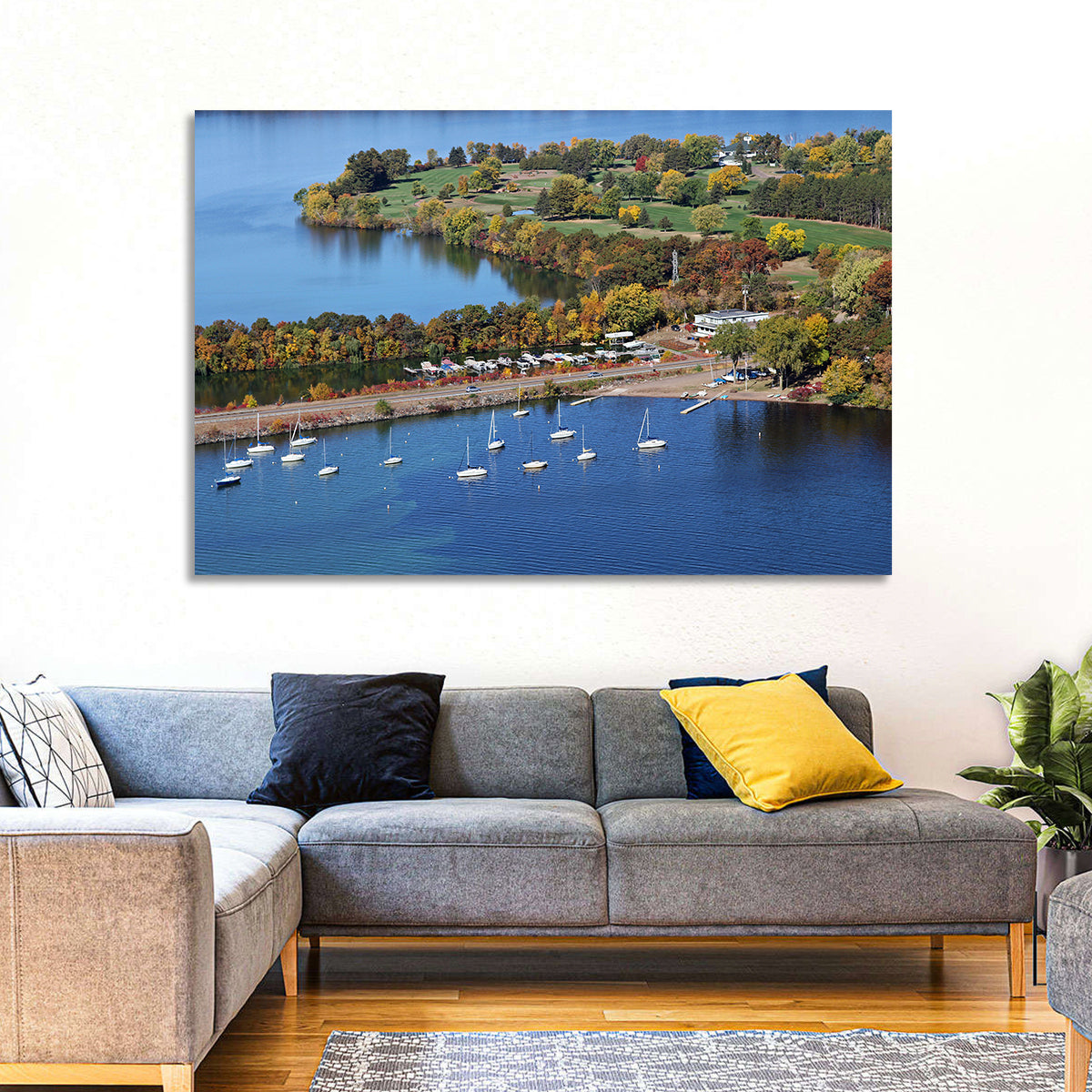 Lake Wissota Aerial Wall Art in a room, landscape