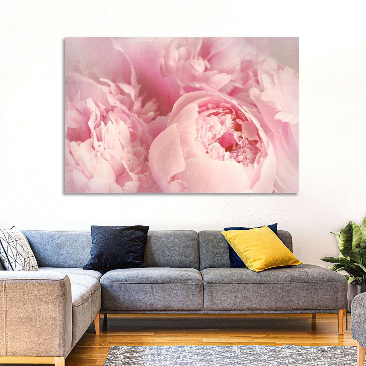 Soft Pink Peony Close Up Wall Art in a room, landscape