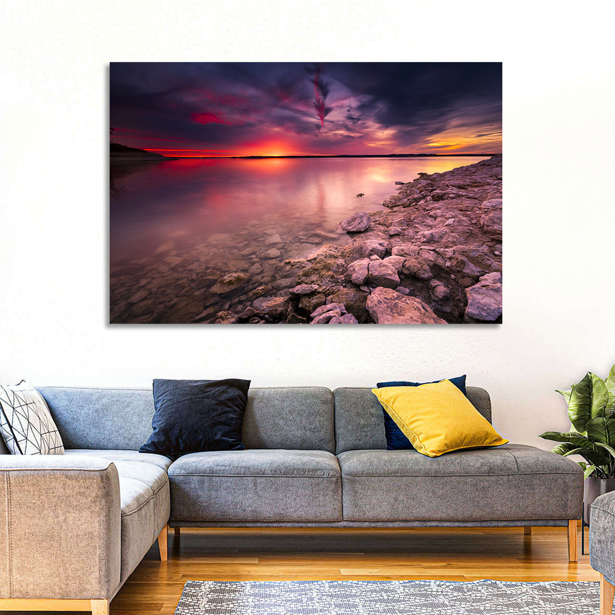 Benbrook Lake Sunset Reflection Wall Art in a room, landscape