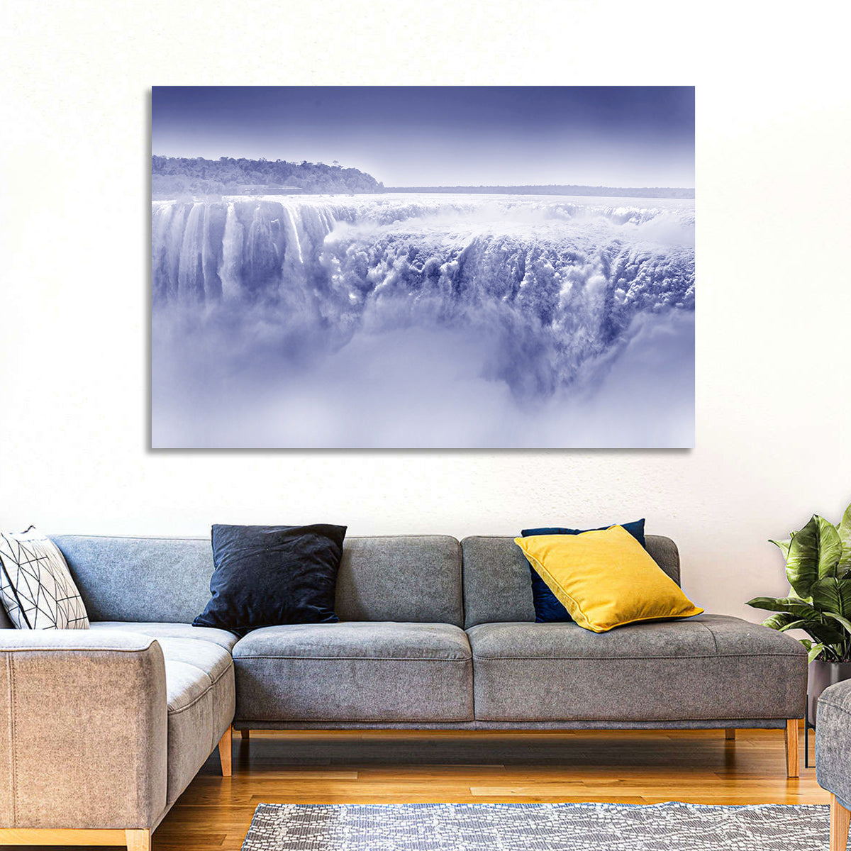 Iguazu Falls Blue Monochrome Wall Art in a room, landscape