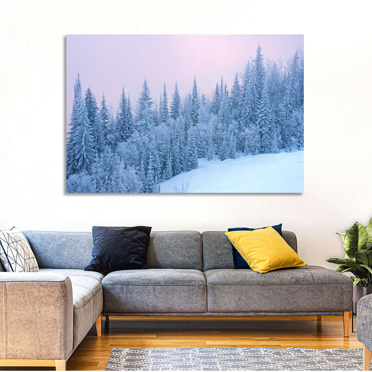 Snowy Winter Forest Wall Art in a room, landscape