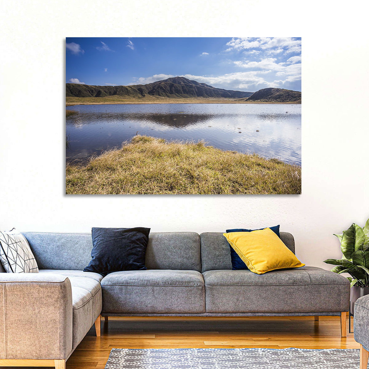 Mount Aso Lake Reflection Wall Art in a room, landscape
