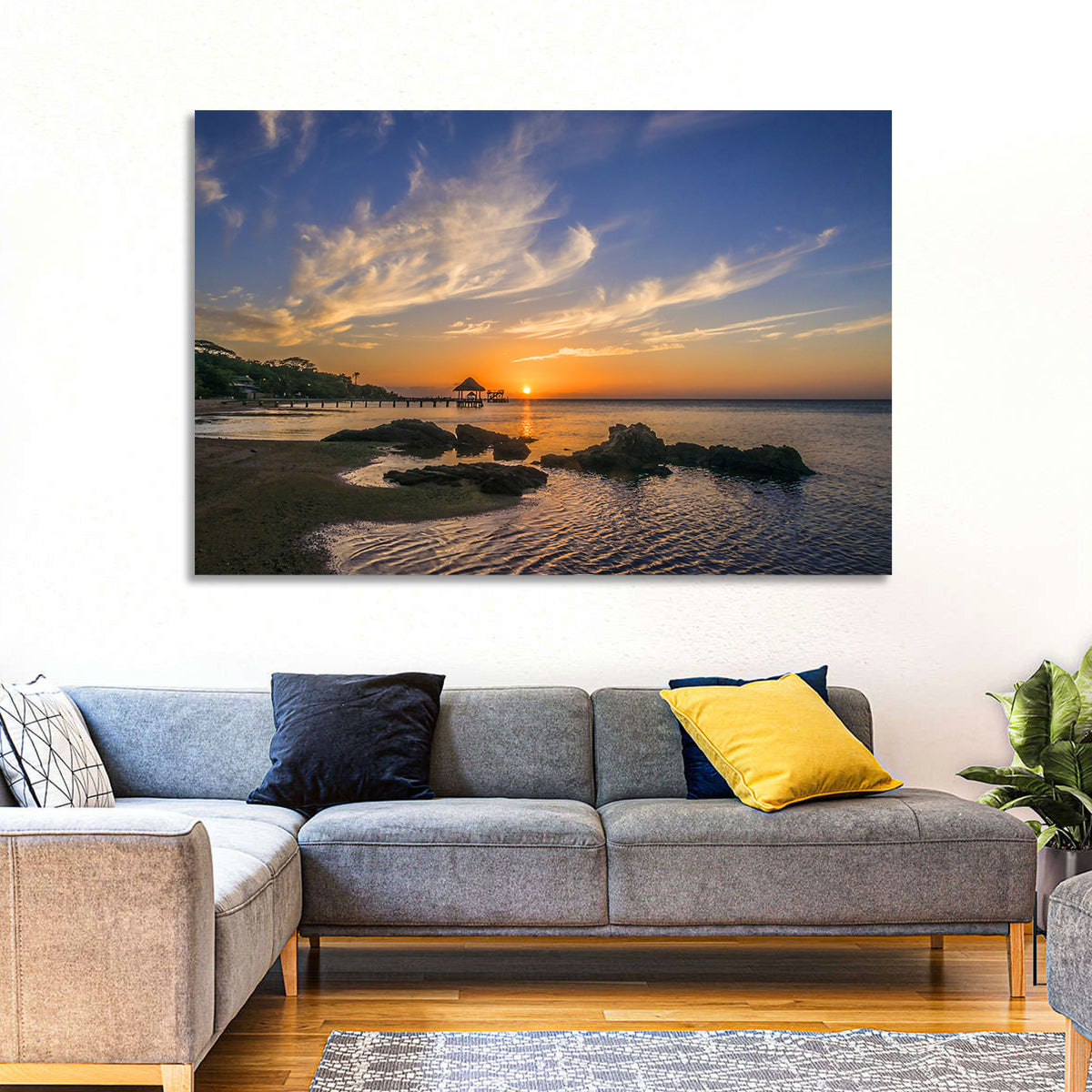 Roatan Pier Sunset Wall Art in a room, landscape