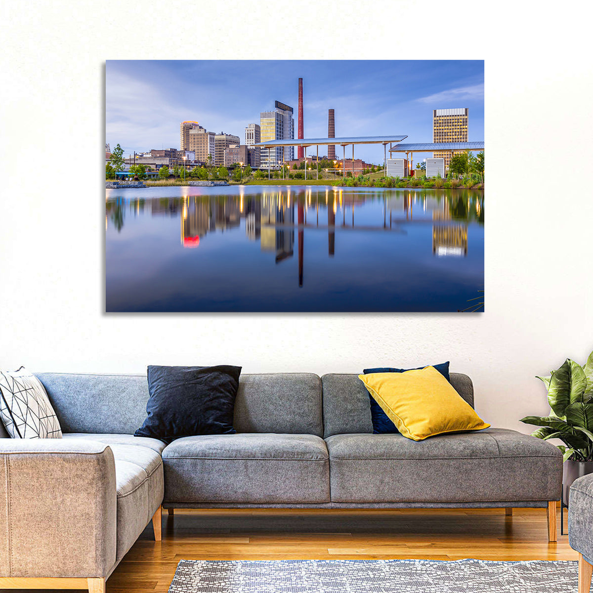 Birmingham Skyline Reflection at Twilight Wall Art in a room, landscape