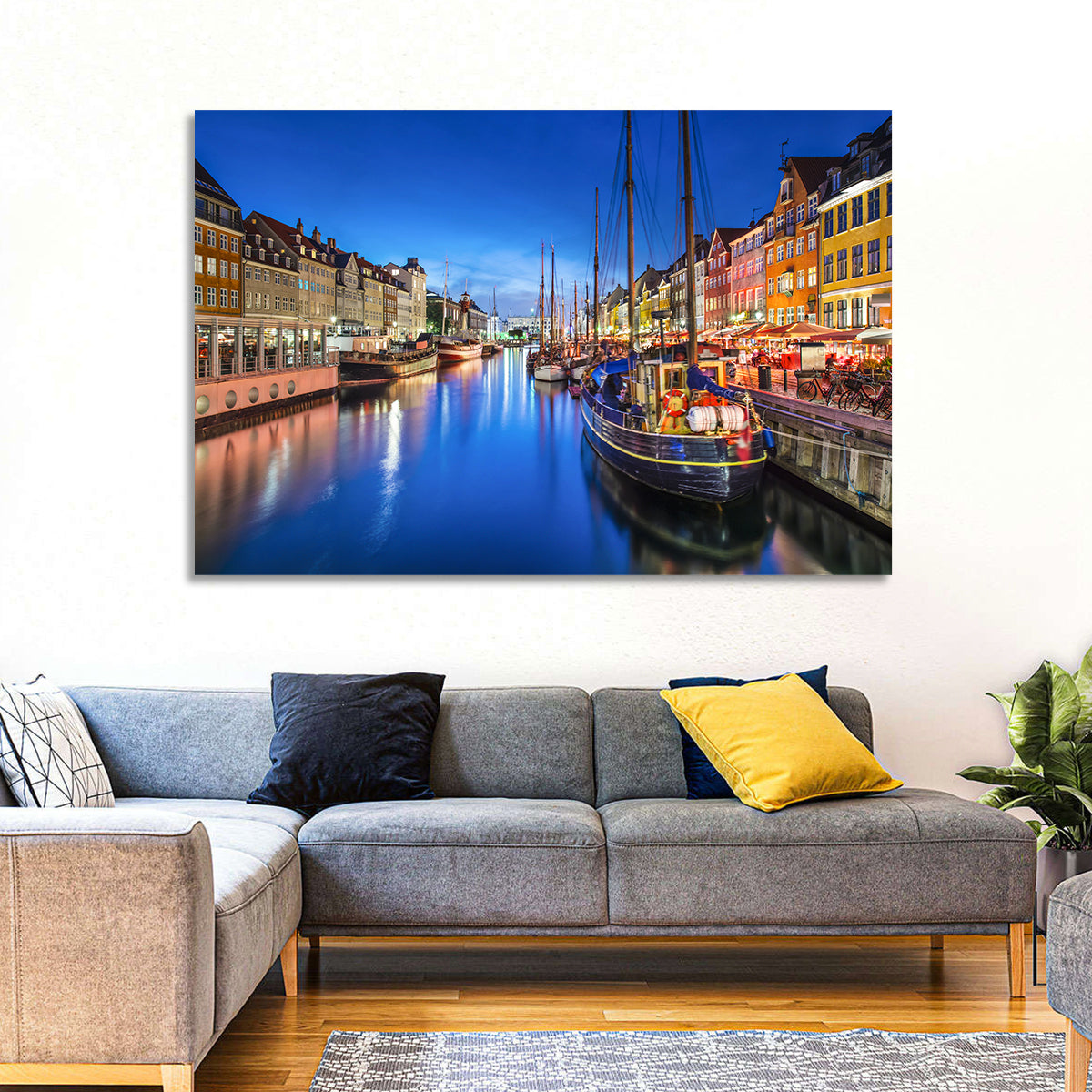 Nyhavn Canal at Dusk Wall Art in a room, landscape