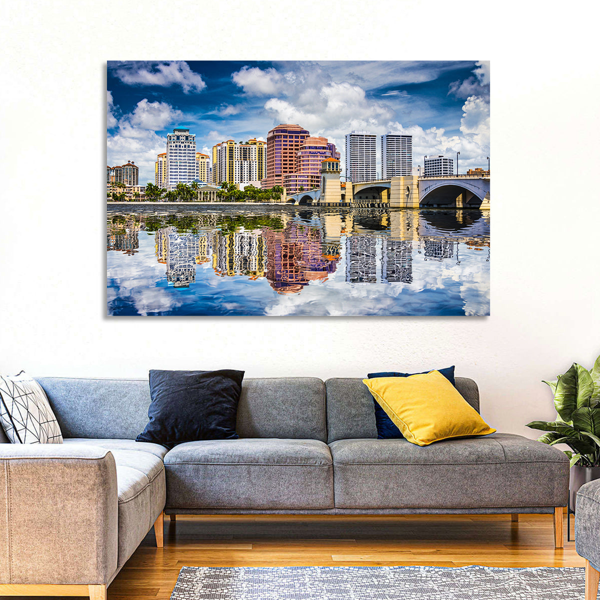 West Palm Beach Skyline Reflection Wall Art in a room, landscape