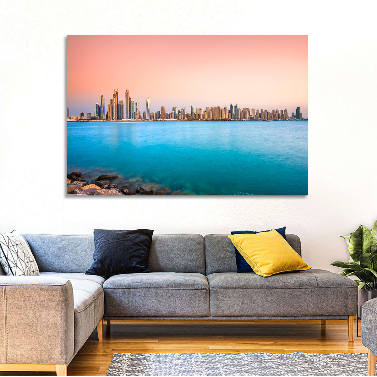 Dubai Marina Skyline Wall Art in a room, landscape