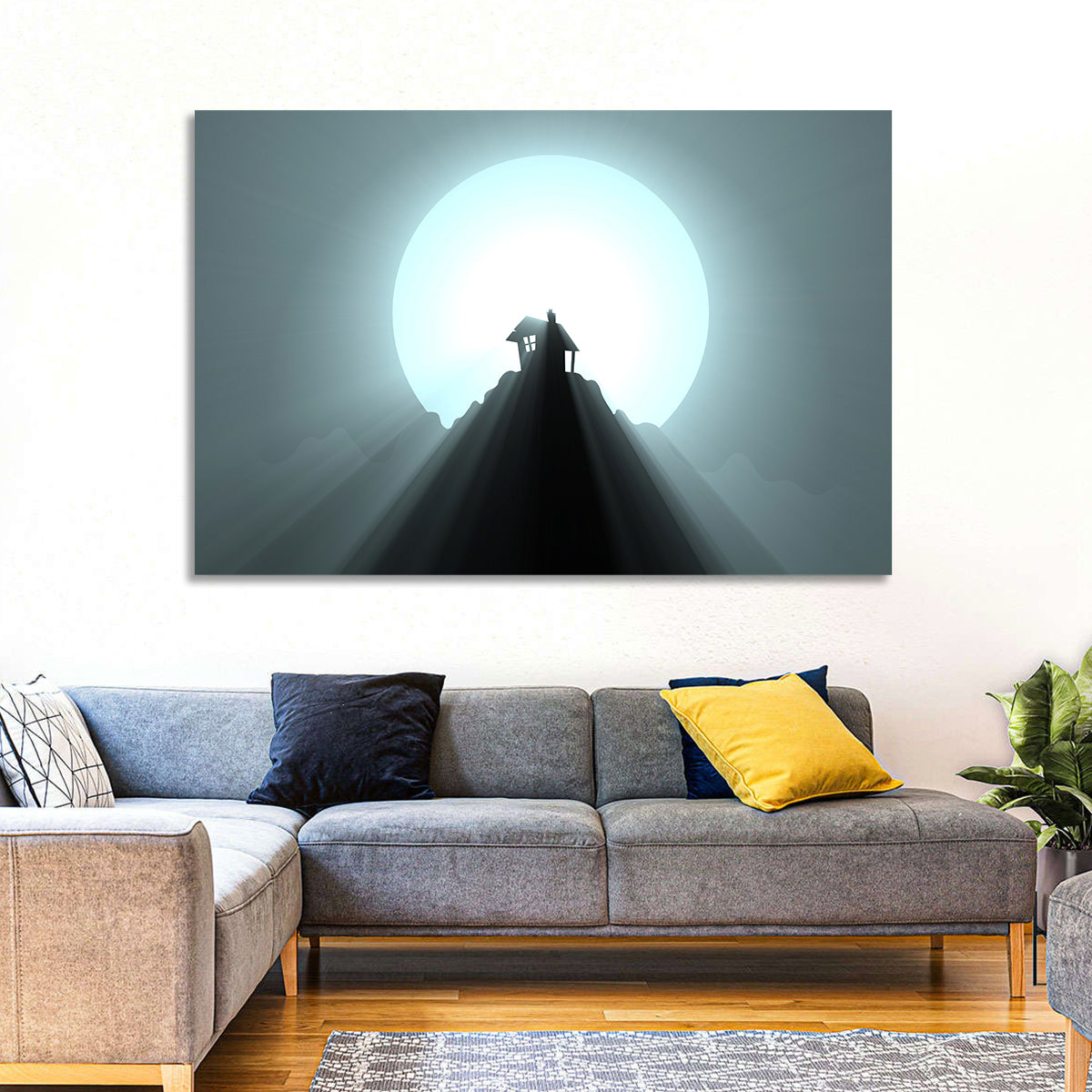 Moonlit Mountain Hut Wall Art in a room, landscape