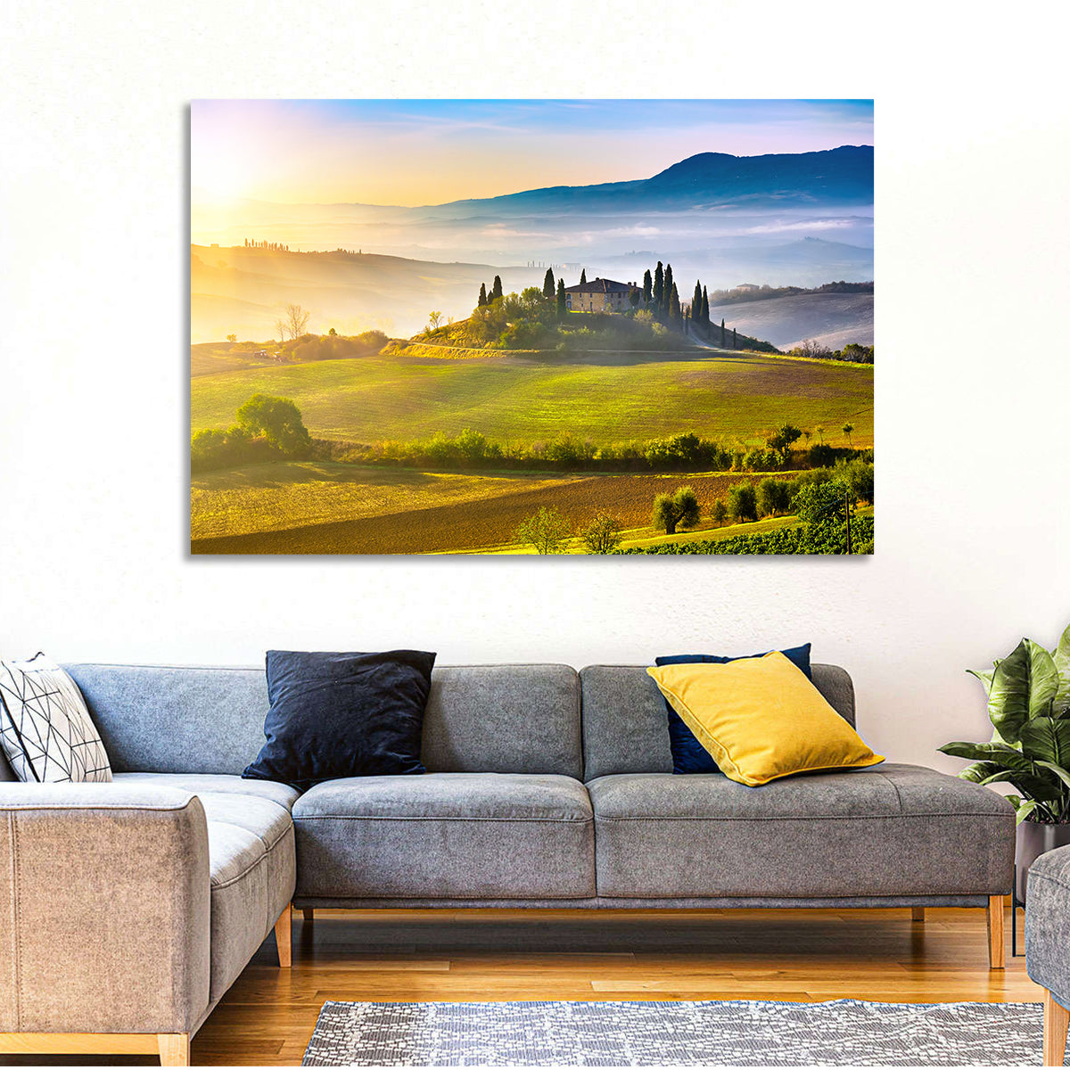 Tuscan Morning Landscape Wall Art in a room, landscape