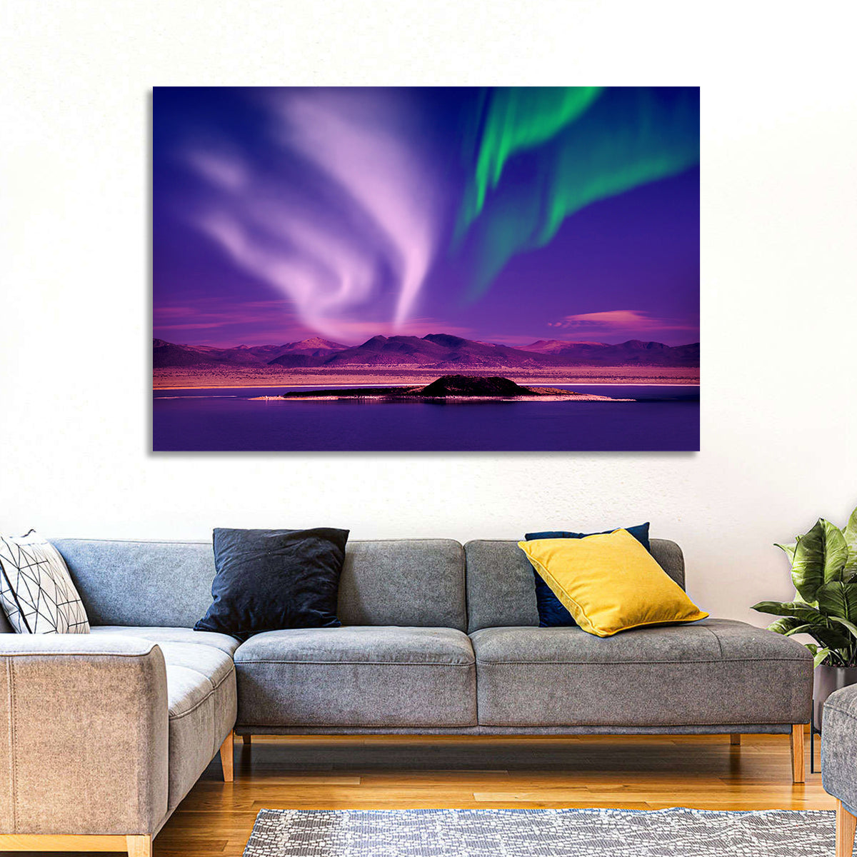 Violet Aurora Over Island Lake Wall Art in a room, landscape