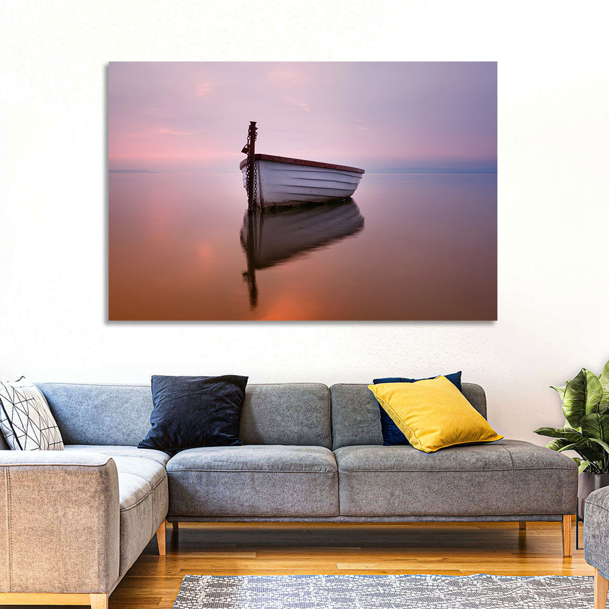 Pastel Boat Reflection Wall Art in a room, landscape