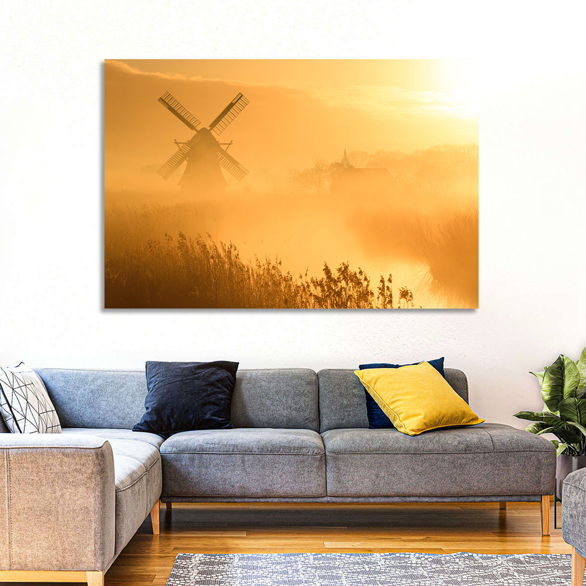 Golden Dutch Windmill Sunrise Wall Art in a room, landscape