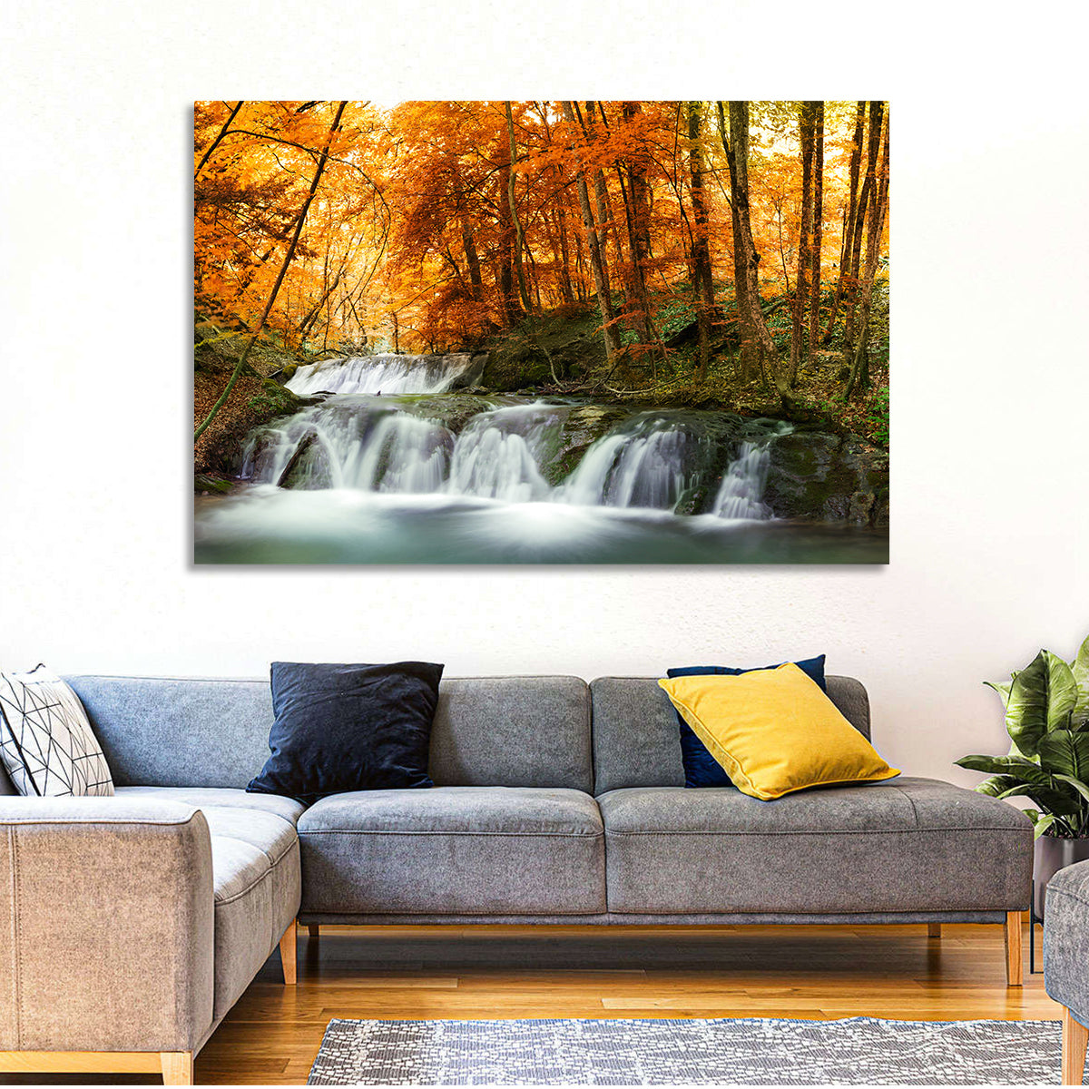 Autumn Forest Waterfall Wall Art in a room, landscape