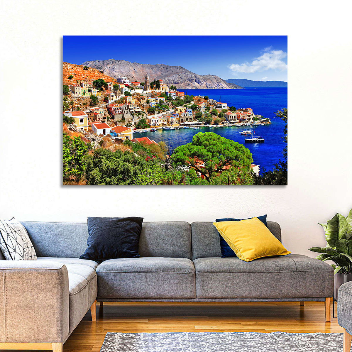 Symi Harbor, Greece Wall Art in a room, landscape