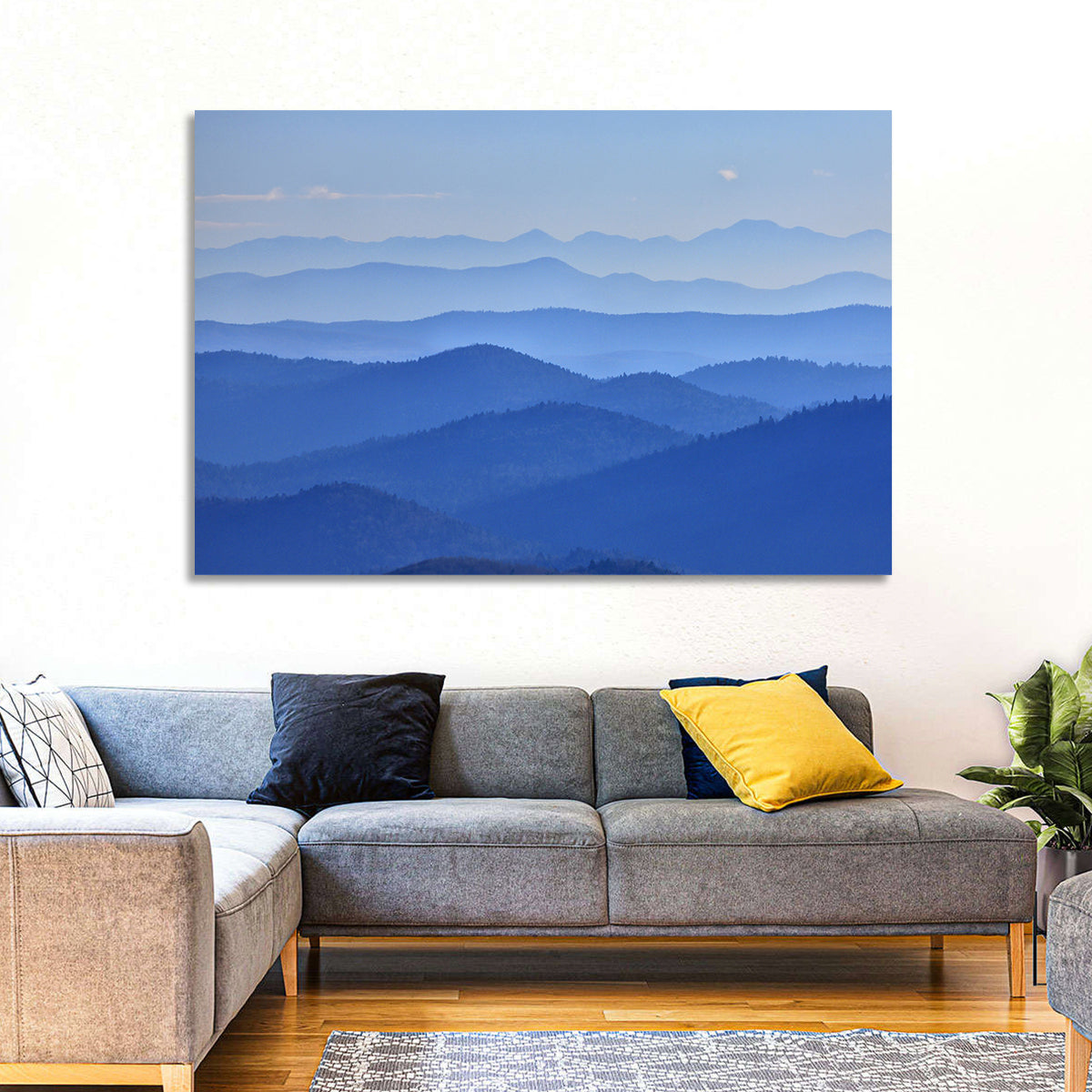 Misty Blue Mountain Valley Wall Art in a room, landscape
