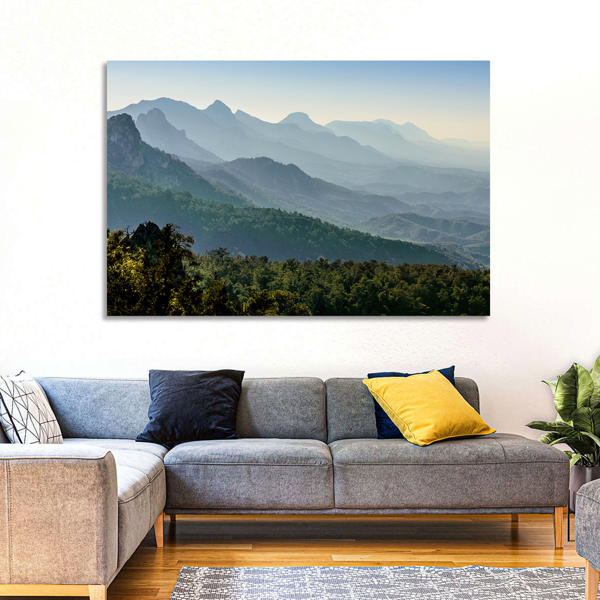 Misty Mountain Ridges Wall Art in a room, landscape