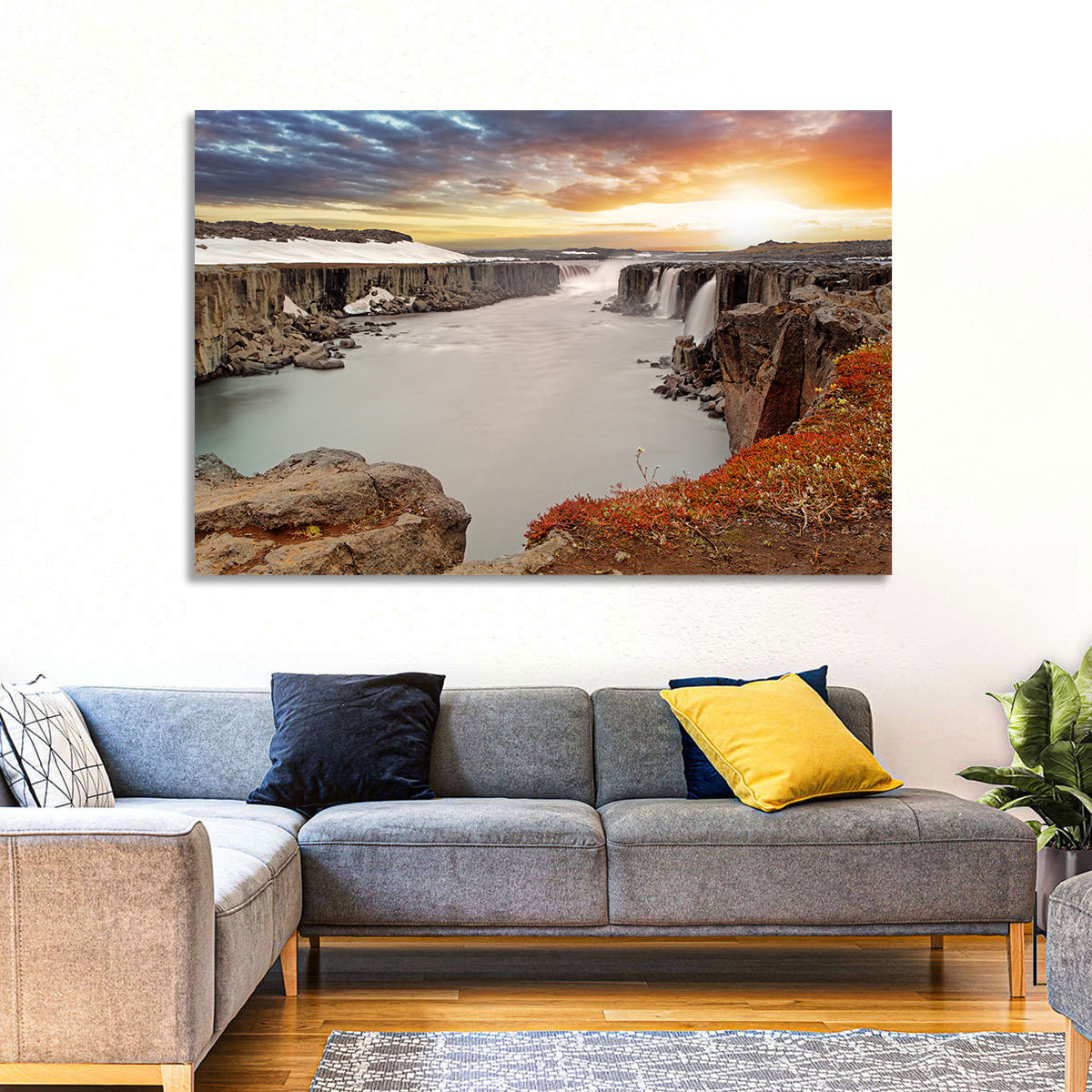 Selfoss Waterfall at Sunset Wall Art in a room, landscape