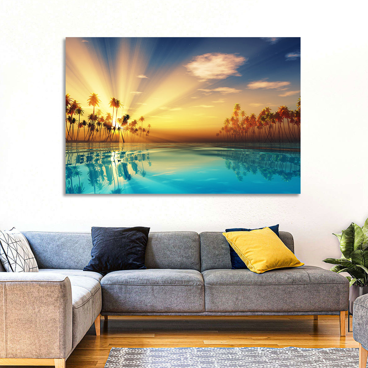 Turquoise Sunset Over Palm Island Wall Art in a room, landscape