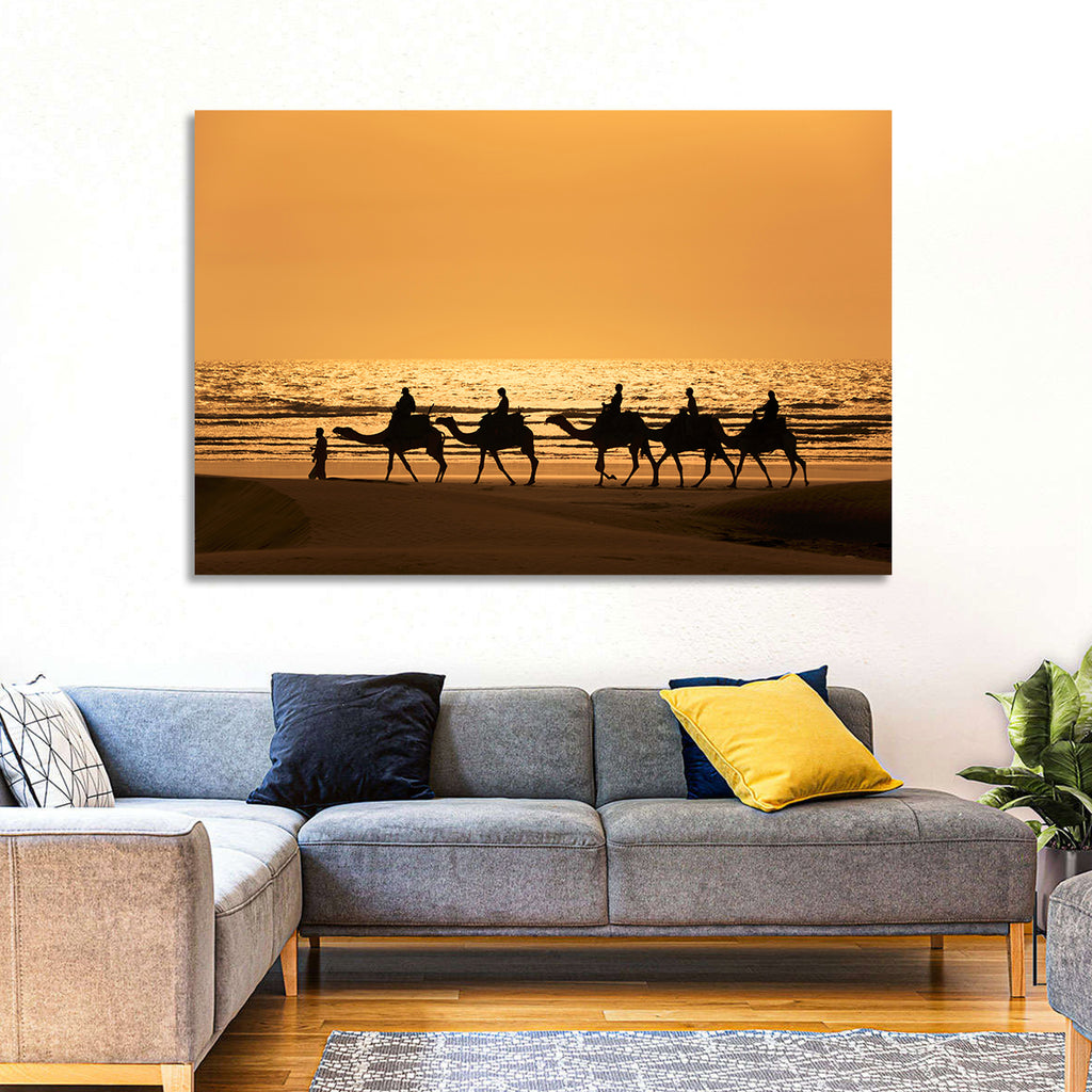 Camel Caravan Silhouette on Wet Sand Wall Art