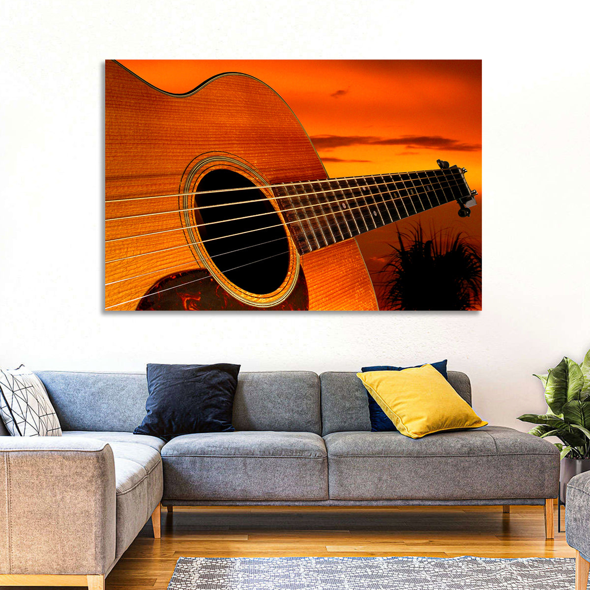 Sunset Acoustic Guitar Silhouette Wall Art