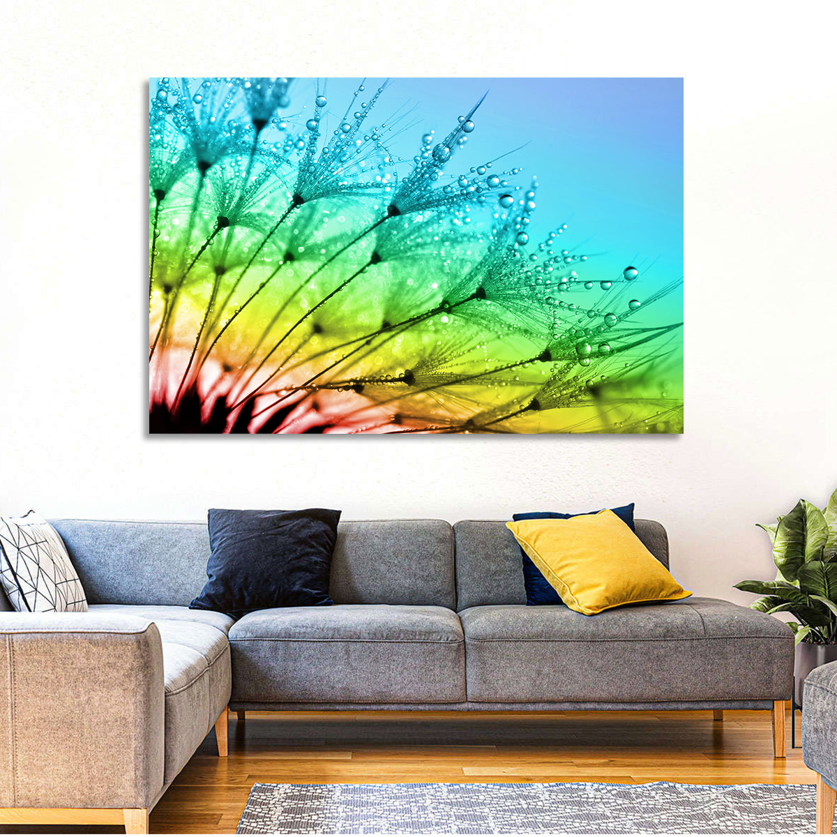 Dewy Dandelion Close-up Wall Art in a room, landscape