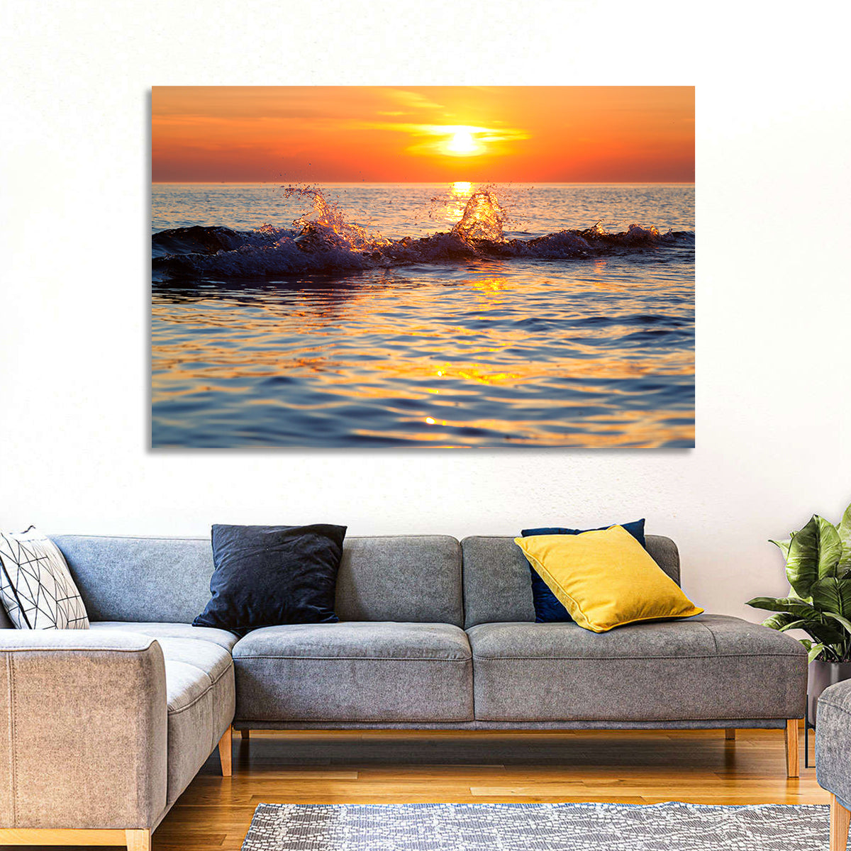 Lake Michigan Sunset Waves Wall Art in a room, landscape